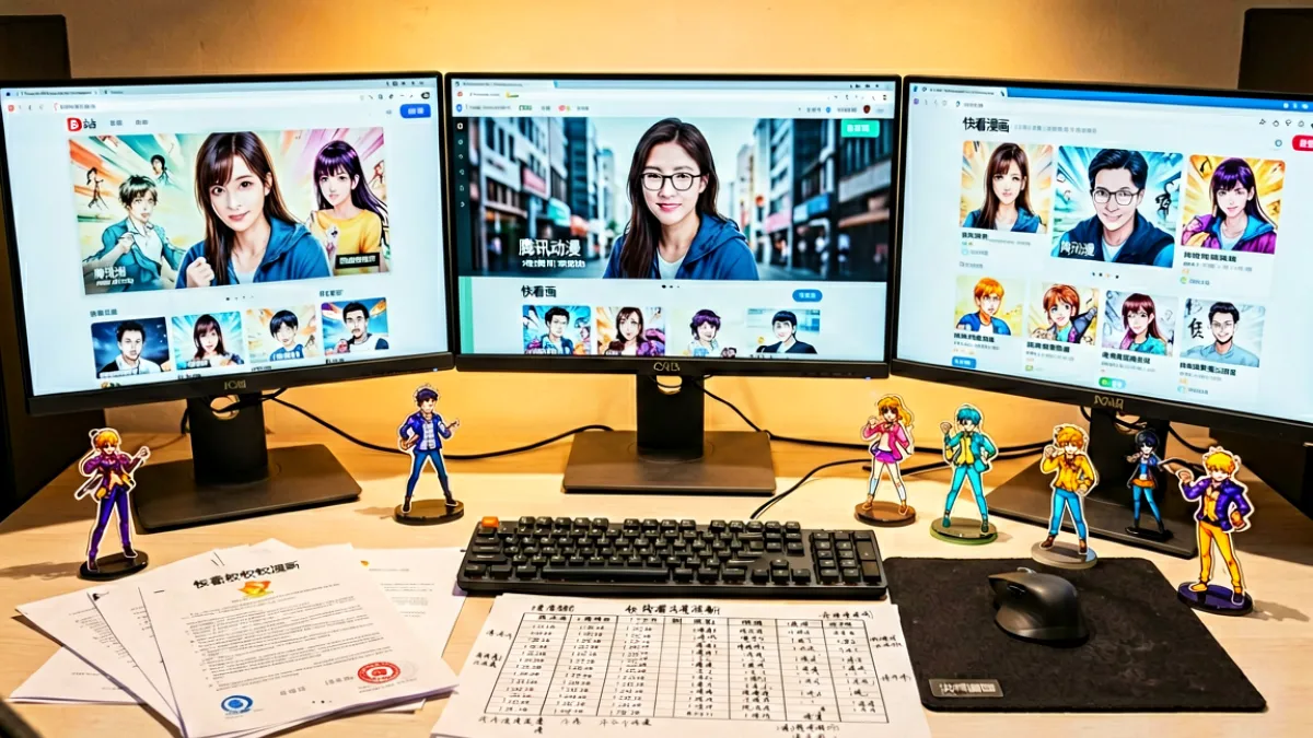 编辑团队在电脑前横向对比十个正版漫画平台的封面墙与阅读界面，桌面散落着版权授权证书和更新时间表格，整体为暖色调编辑部风格