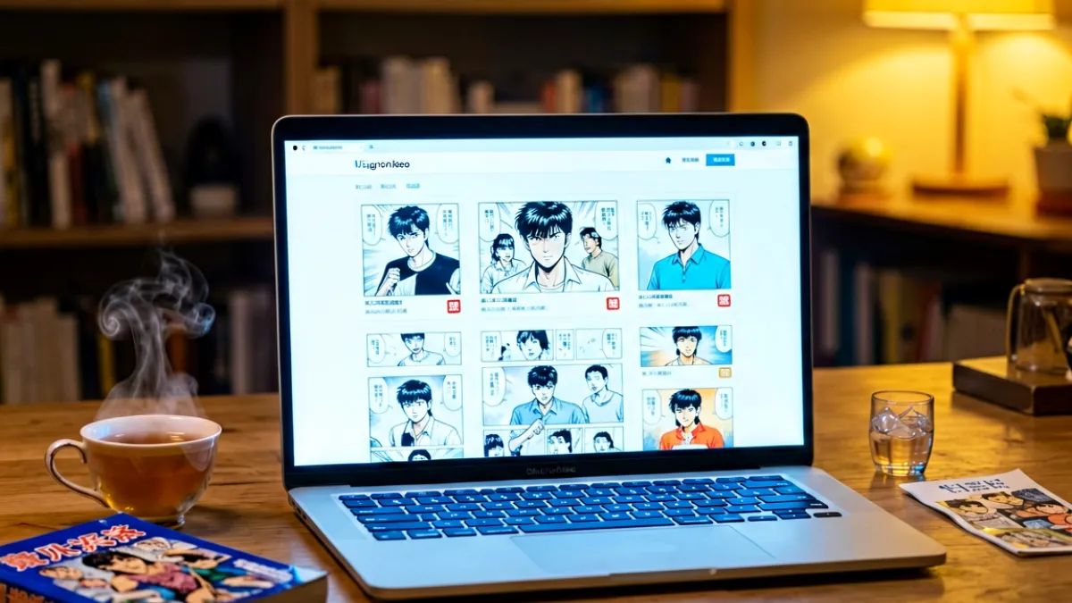 深夜书房里一台笔记本电脑屏幕发出蓝白色光芒，屏幕上展示着一个漫画网站界面，旁边放着一杯热茶和一本合上的漫画书