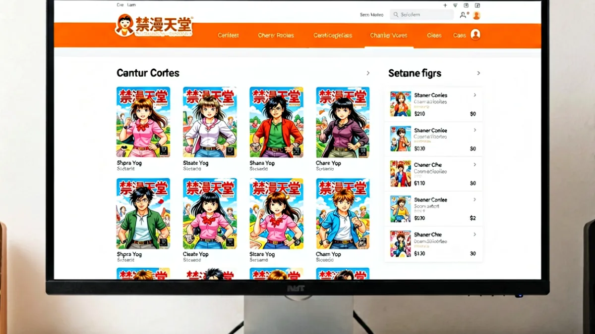 电脑屏幕显示禁漫天堂官网主页，橙色导航栏醒目，左侧书籍封面整齐排列，右侧为最新收录漫画列表