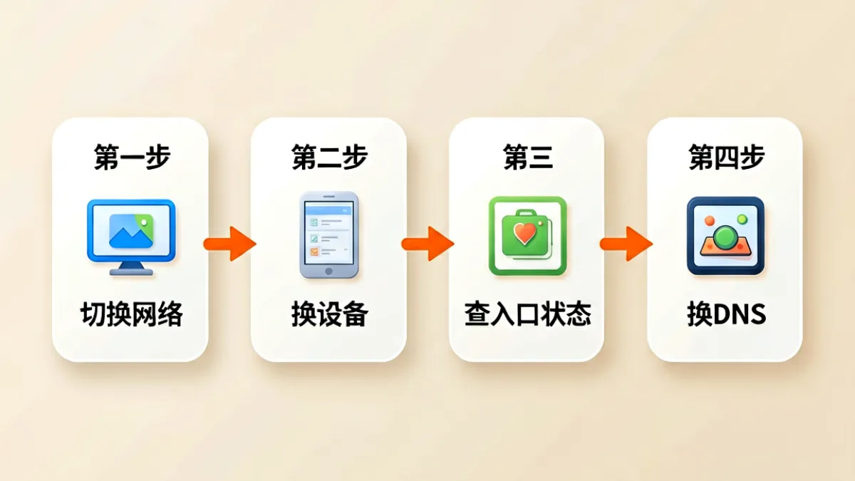 流程图展示四步排查逻辑：第一步切换网络、第二步换设备、第三步查域名状态、第四步换DNS，四个圆角矩形用橙色箭头串联，背景为浅米色